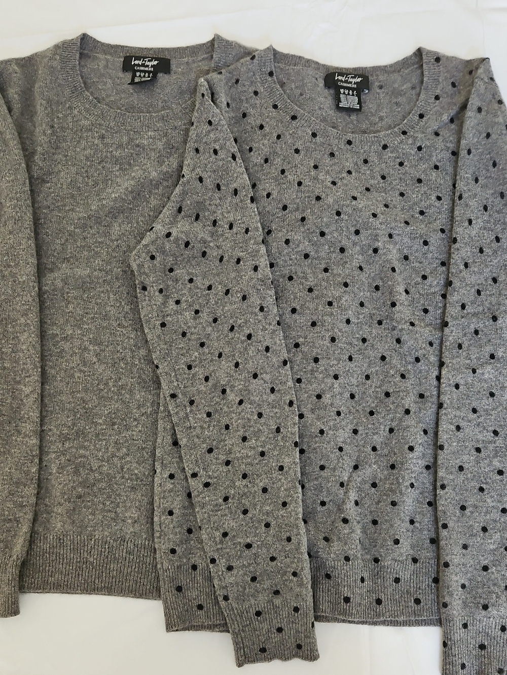 Lord & Taylor Cashmere Gray Crewneck Medium Sweaters — Solid & Polka Dot Pair